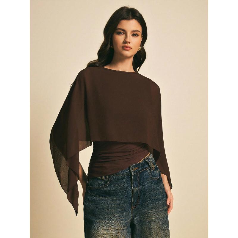 2026 Women's Cape Sleeve T-Shirt Slim Fit Round Neck Chiffon Blouse Elegant Asymmetrical Top