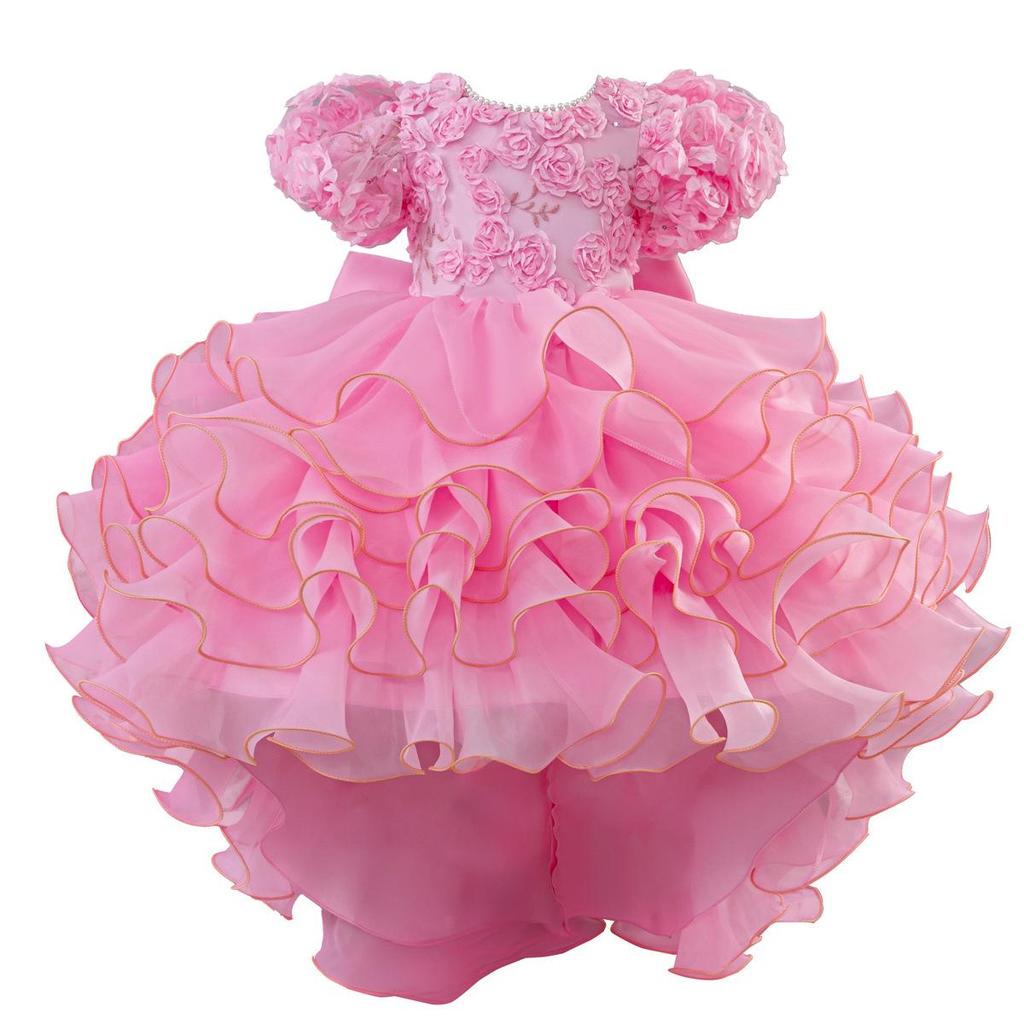 2025 New Children's Princess Dress with Rose 3D Appliques, Bow, and Cake Train