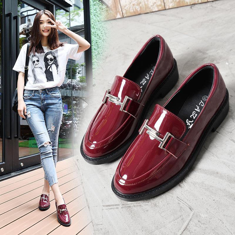 Small Leather Woman Shiny Oxfords Round Toe Low Square Heels Loafers Femme Creepers Ladies Comfy Sneakers Dress Flats