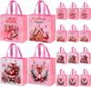 Non-Woven Christmas Gift Bags Reusable Pink Christmas Treat Bag with Handle Santa Claus Reindeer Berries Pattern Party Favor