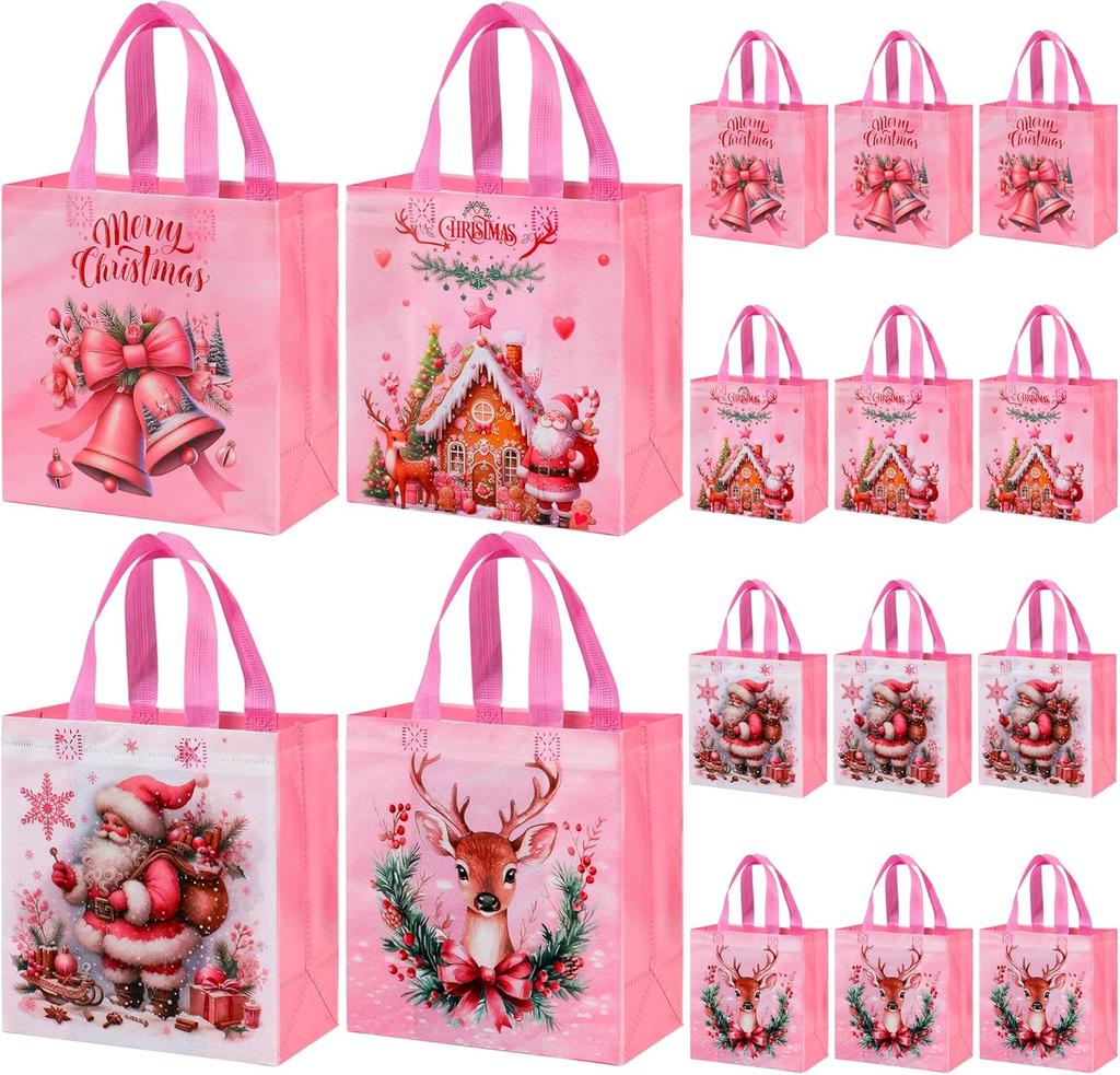 Non-Woven Christmas Gift Bags Reusable Pink Christmas Treat Bag with Handle Santa Claus Reindeer Berries Pattern Party Favor