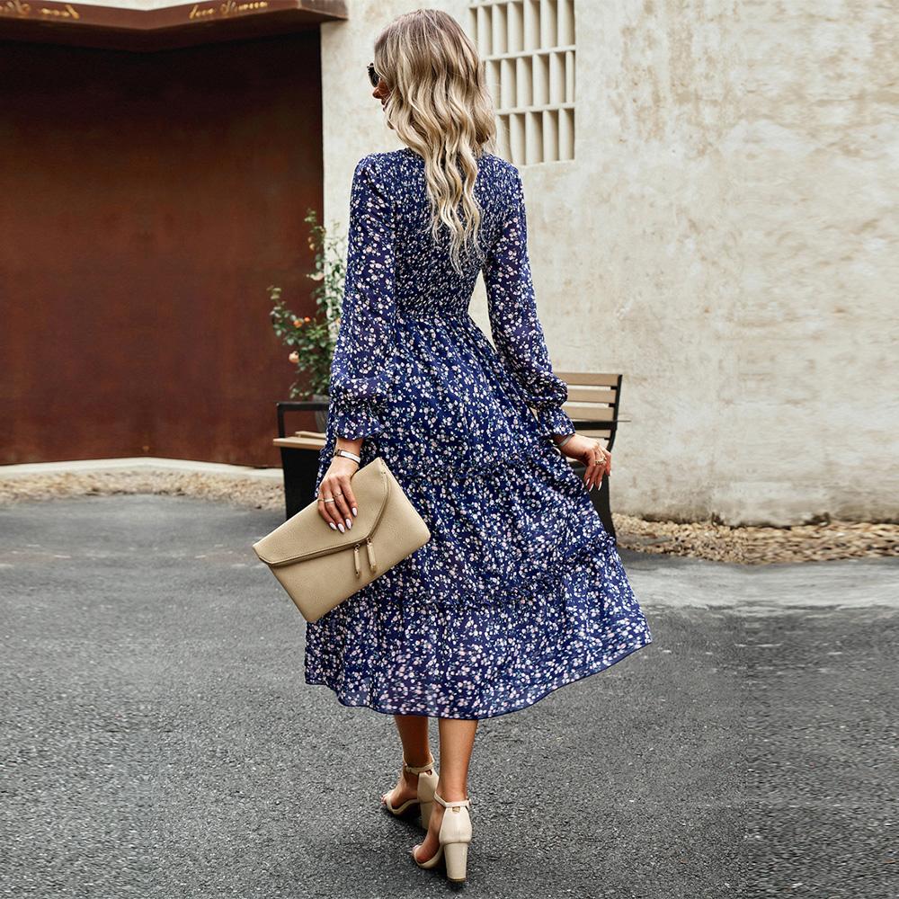 Dámské podzimní elegantní dlouhé potištěné šaty s lucernou s rukávem a vysokým pasem