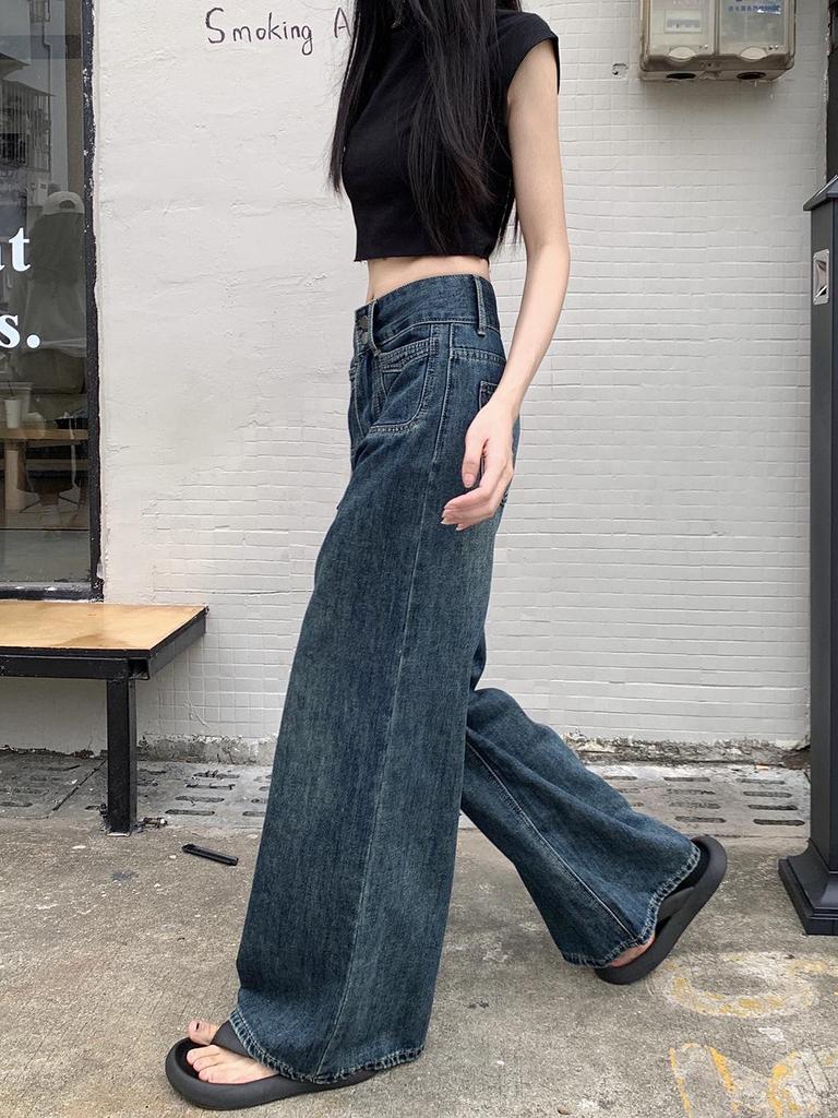 New Arrival: Retro Blue Floor-Length Wide-Leg Jeans for Petite Women