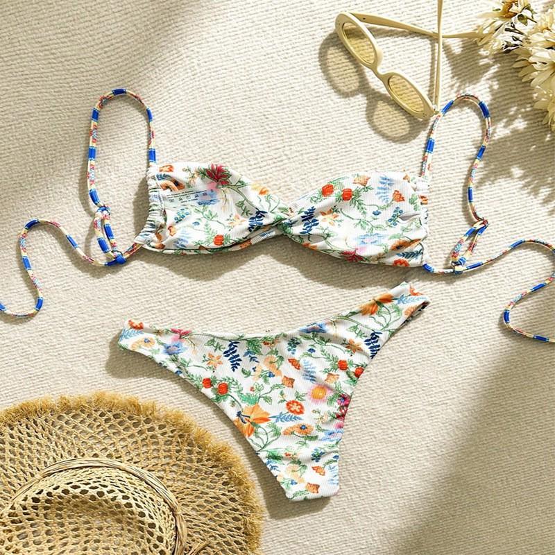 Costume da bagno intero floreale per bambina Bikini sexy con spalline da donna Schiena scoperta a pieghe Stretto di alta gamma