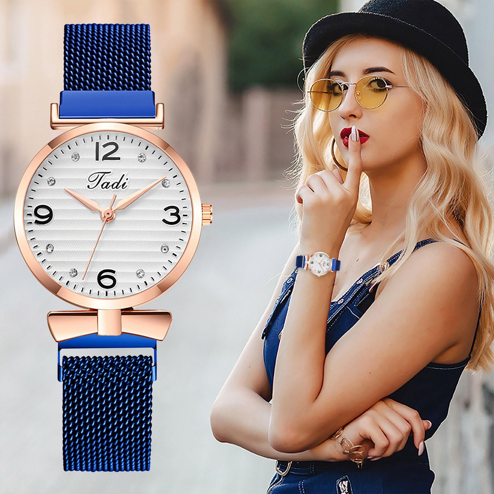 

Женские аналоговые кварцевые круглые часы с ремешком из нержавеющей стали с бриллиантами One Size синий