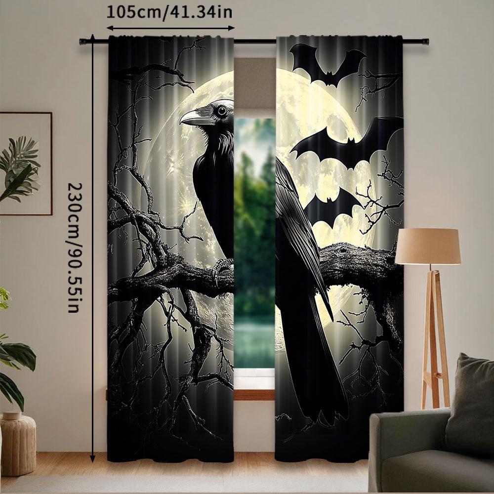 2Pcs Halloween Raven Curtain Scary Crow Full Moon Night Black Bat Spooky Misty Forest Decor Curtains Suitable For Living Room