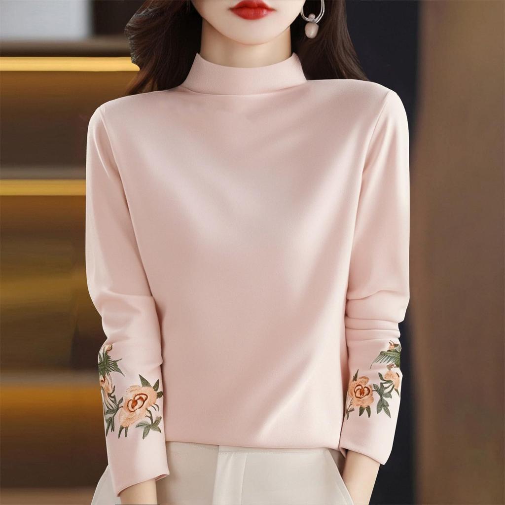 Women's Fashion Retro Velvet Literary Embroidery High Neck Long Sleeve T-Shirt Top