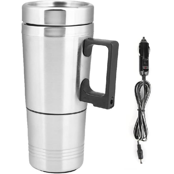 Qiilu Heated Travel Mug 12V Electric Car Kettle Boiler Stainless Steel Heating Cup Coffee Tea Warmer Cup 350ML+150ML