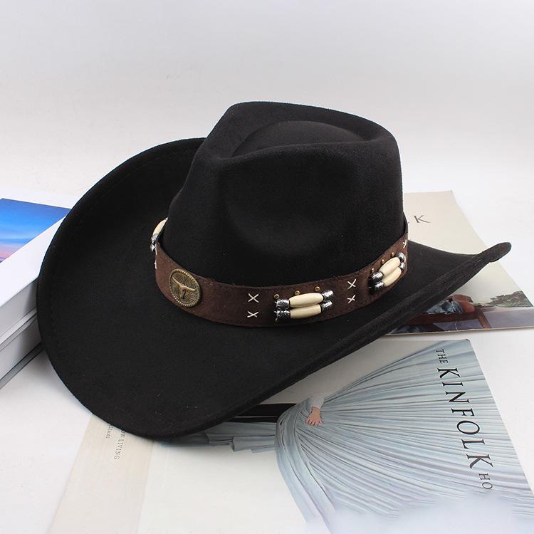 Western Cowboy Style Tibetan Bull Head Accessories Fashion Top Hat Autumn/Winter New Collection Deer Skin Velvet Large Edge Riding Hat