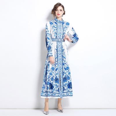 Spring Autumn Women Stand Collar Palace Print Single Breasted Long Maxi Party Dresses with Belt