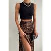 Leopard Pattern Satin Midi Length Brown Skirt