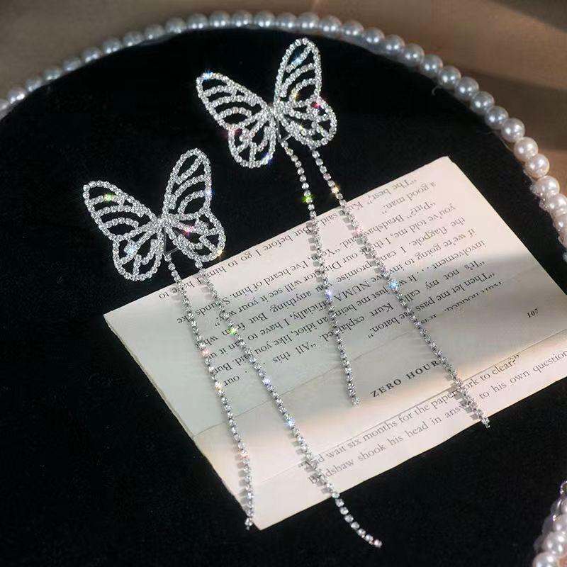 European and American butterfly fringed earrings women's long full diamond stud earrings exaggerated temperament versatile fashion commuter earrings