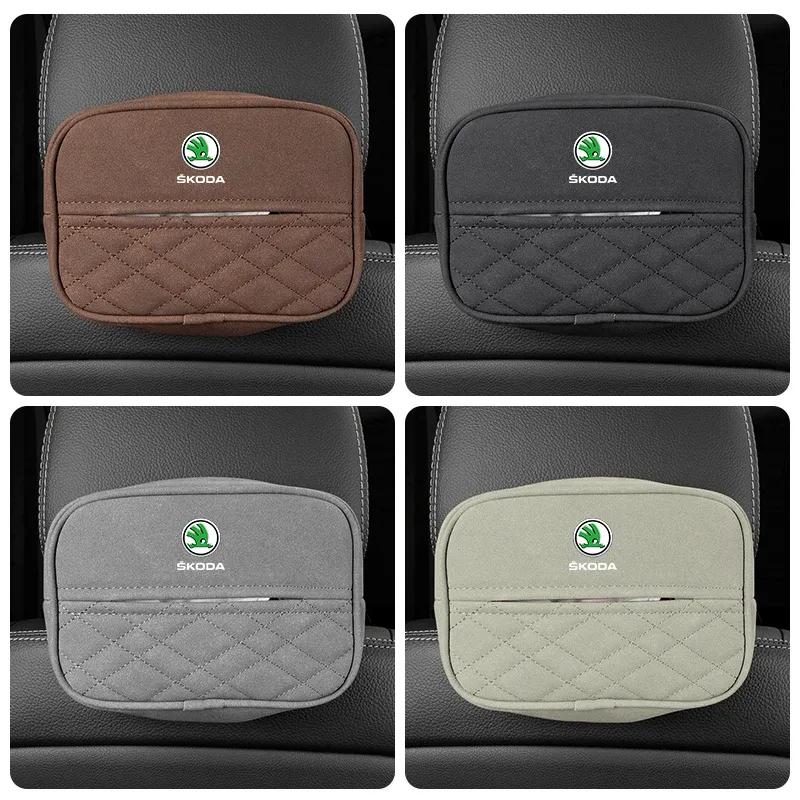 Car Suede Tissue Box Organizer Accessories For Skoda Octavia Kodiaq Yeti Enyaq iV Kamiq Scala Superb Fabia Rapid Karoq Vision RS