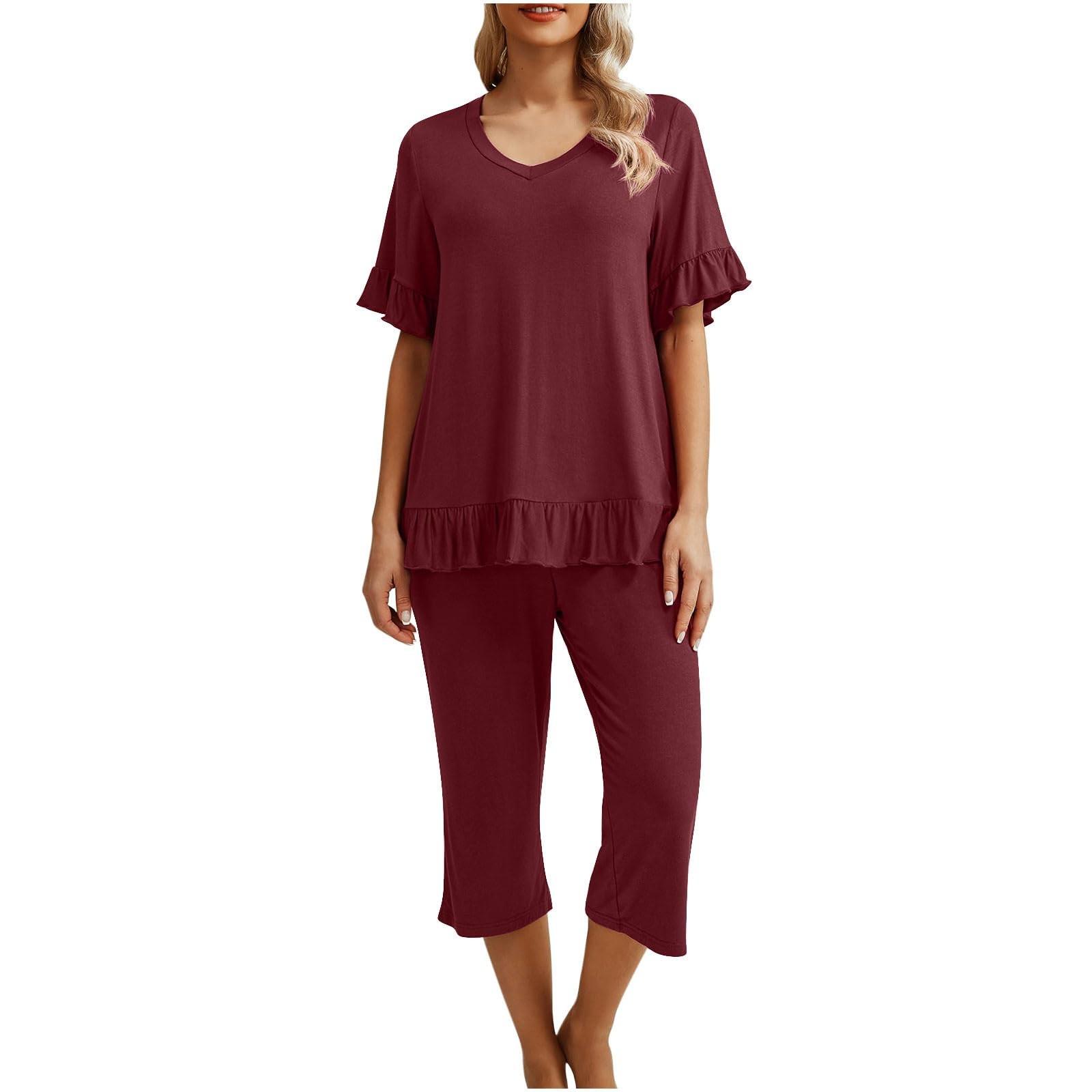 

Женский пижамный комплект, рубашка с коротким рукавом, одежда для сна, женские брюки три четверти с карманами M винный