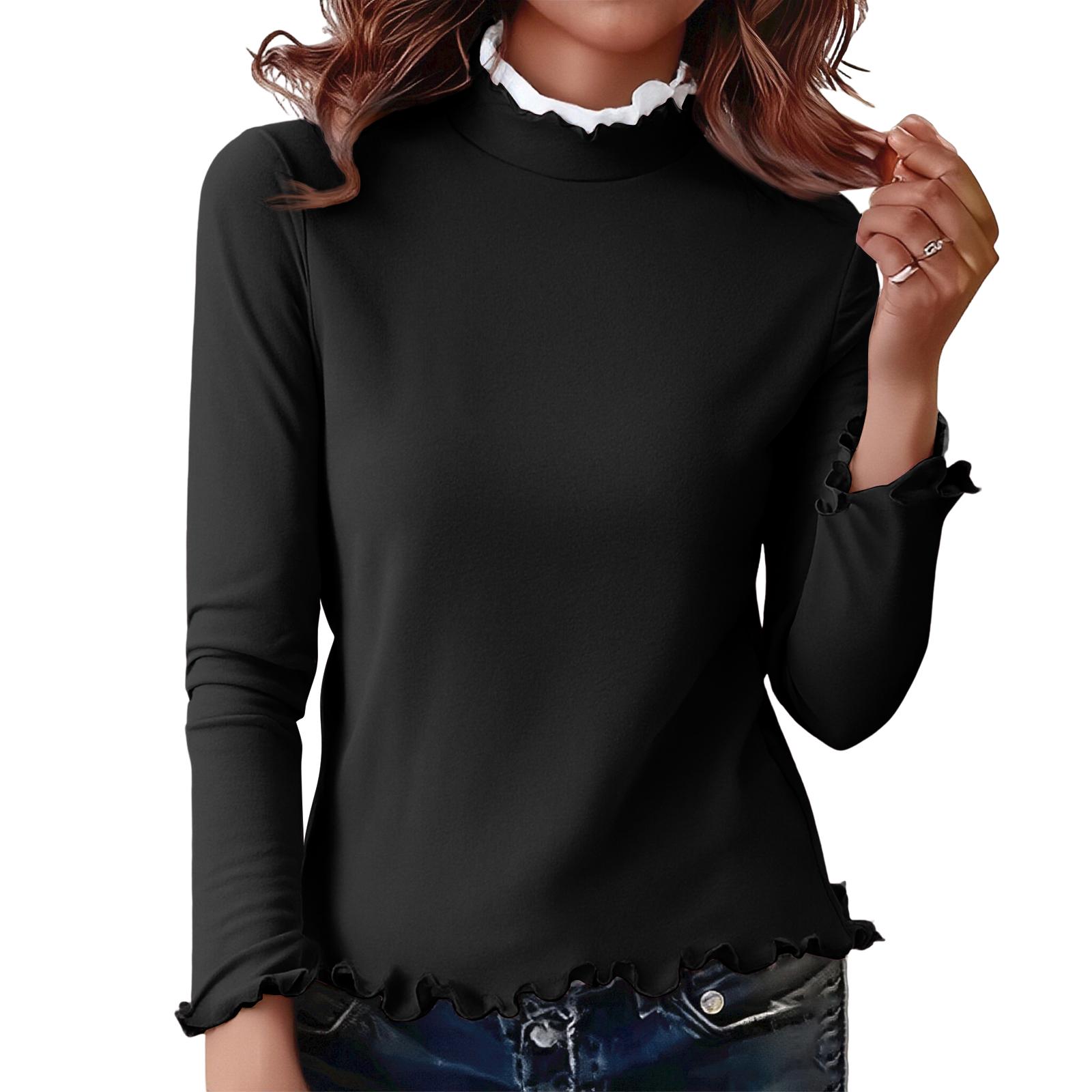 

Ladies Slim Fit Pullover Shirt With Lace Collar, Black Fungus Edge, German Velvet Long Sleeved Base, Top L