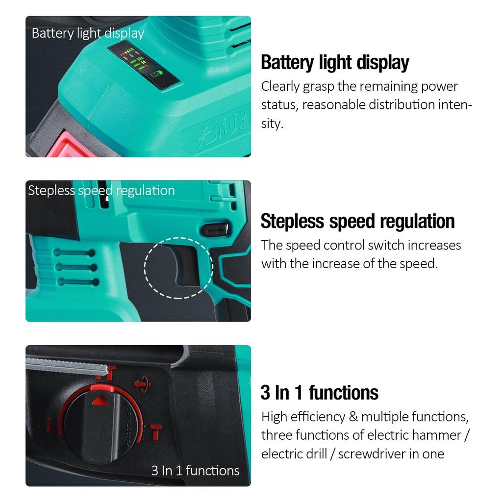 Brushless Electric Rotary Hammer Rechargeable Multifunction Electric Hammer Impact Power Drill 31x6x20cm