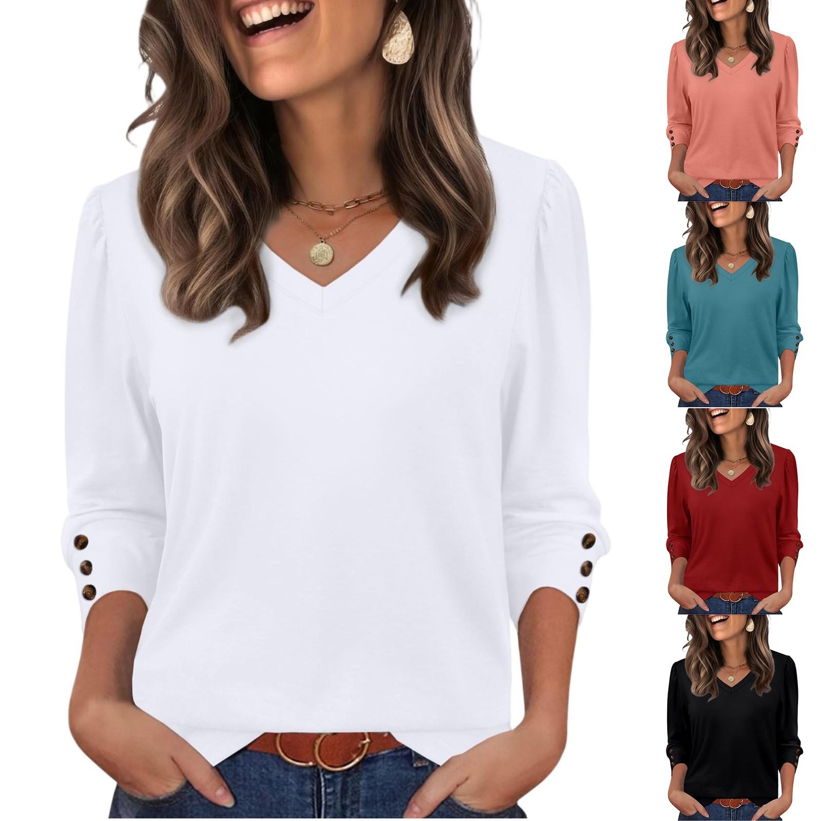 

Women s Fashion Casual Solid Color V-neck T-shirt Top M білий