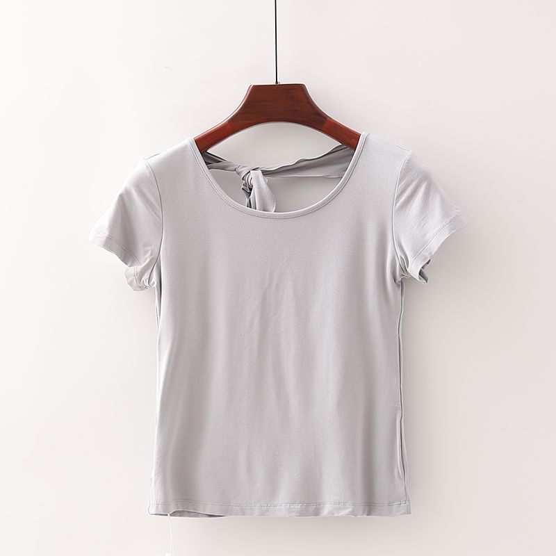 

[Fan] Shopping Mall Brand Discount Women s round Neck Soft Elastic Lined Shoelace Yoga Sports T-shirt 3s259 Grey 2XL/175