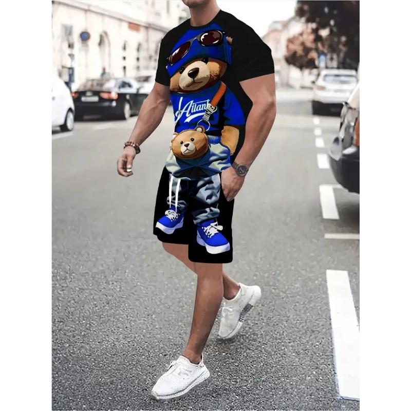 Summer Cartoon Toy Bear Print Fashionable Loose Sportswear Men's Daily Comfortable Two-piece Sport Wear