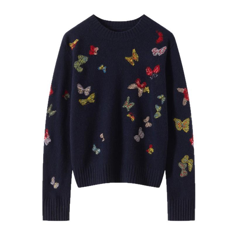 Cashmere Wool Blended Crew Neck Knitted Sweater Women'S Long-Sleeved Primer Autumn And Winter New Embroidered Butterfly Design Sweater