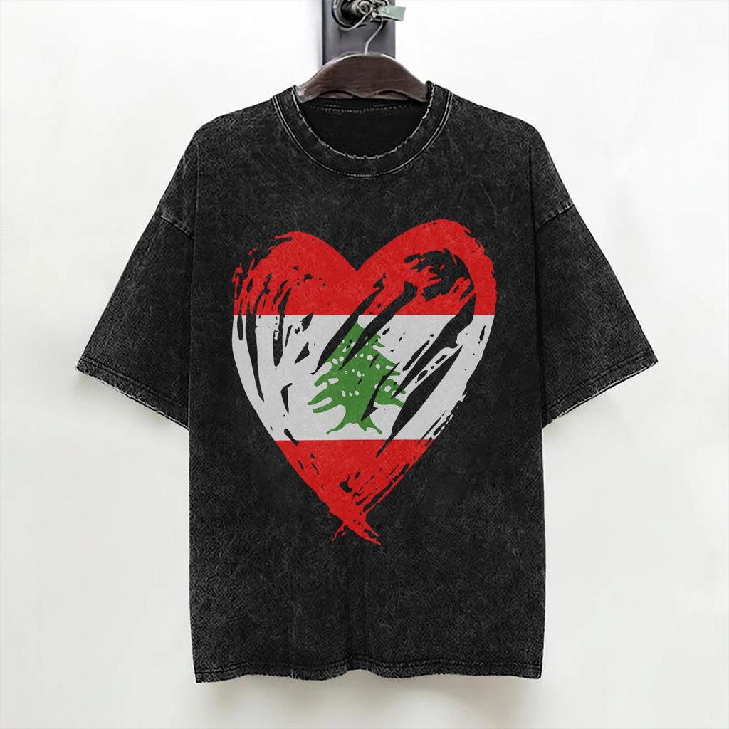 Lebanon Flag Heart T Shirts Washed Short Sleeve Harajuku TShirts  Fashion for Men Women Streetwear Printed Tee Shirt