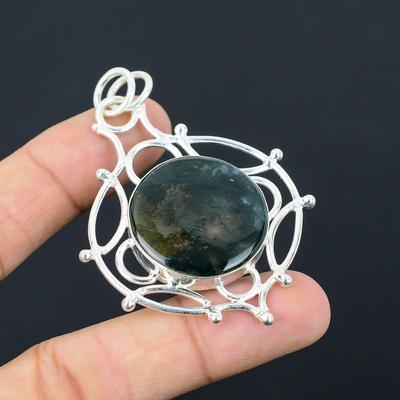925 Sterling Silver Round Solar Moss Agate Stone Wife Engagement Elegant Pendant