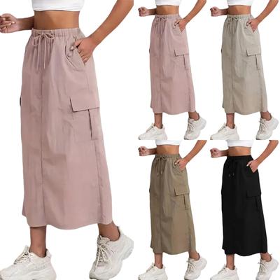 Women's Fashionable Solid Color Drawstring Elastic High Waisted A-line Pocket Back Slit Skirt