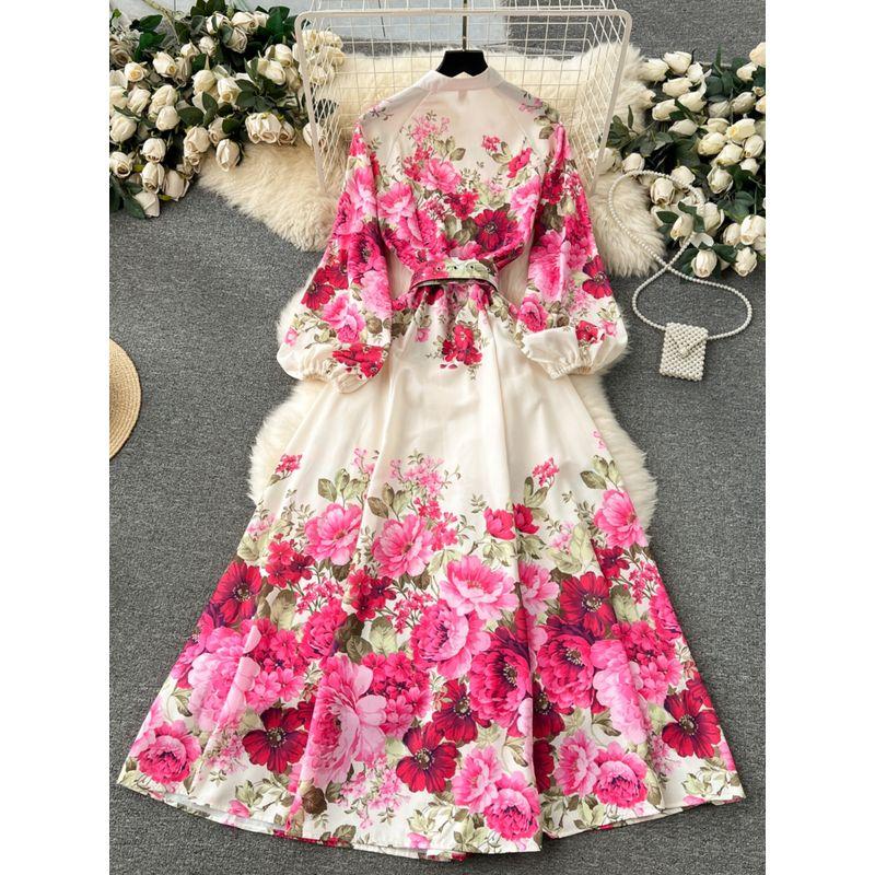Flowers Spring Clothing Silm Long Puff Sleeve Dress