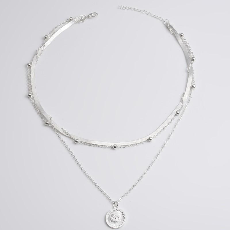 Silver Color Multi-layer Round Pendant Necklace for Women Exquisite Three-Layer Sweater Chain Jewelry for Gifts