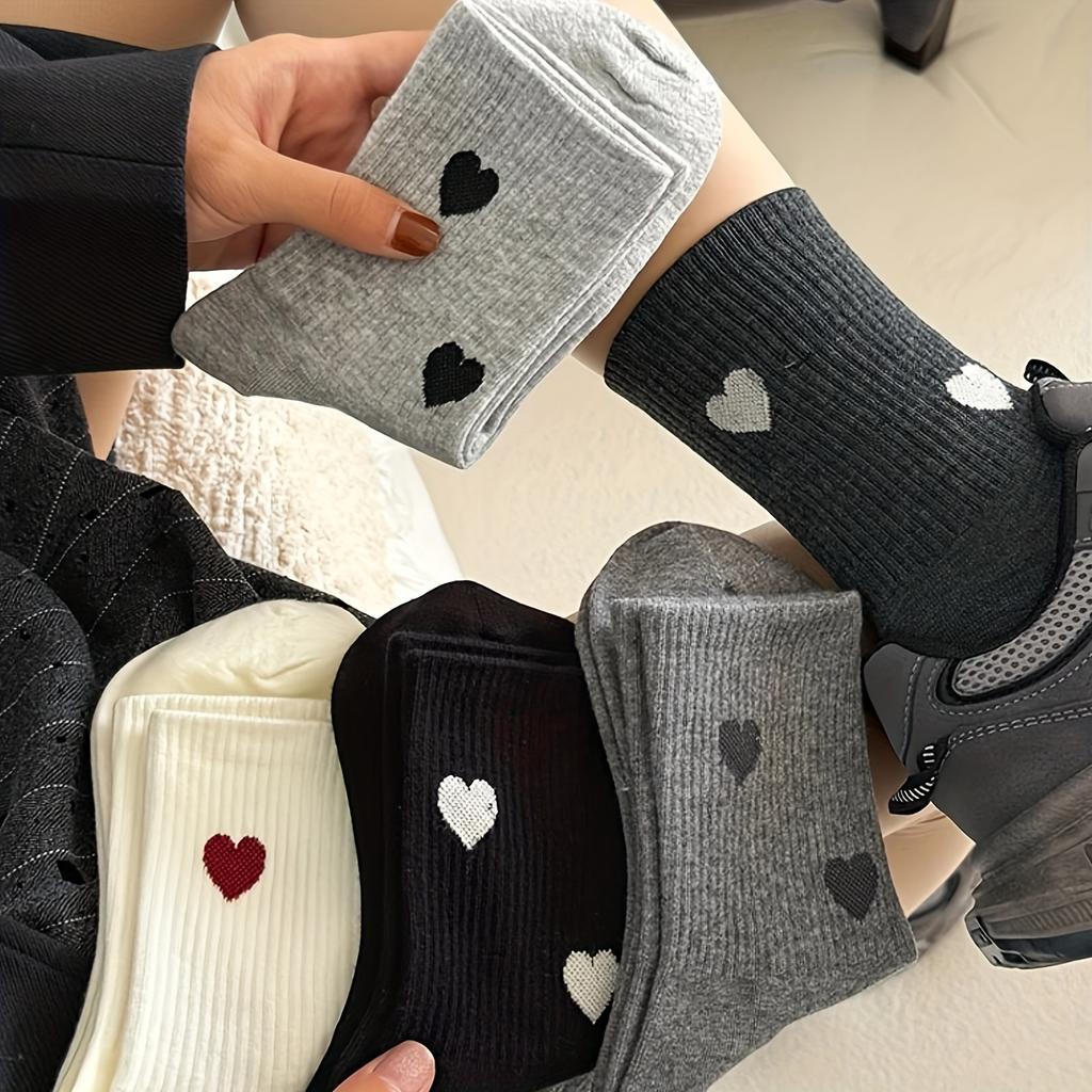 High Quality10pcs 5 Pairs Women'S Mid-Calf Socks with Heart Pattern, Calf Socks - Elegant Heart Pattern Design, Featuring a Heart Pattern In Fabric -
