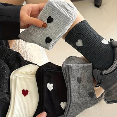 High Quality10pcs 5 Pairs Women'S Mid-Calf Socks with Heart Pattern, Calf Socks - Elegant Heart Pattern Design, Featuring a Heart Pattern In Fabric -