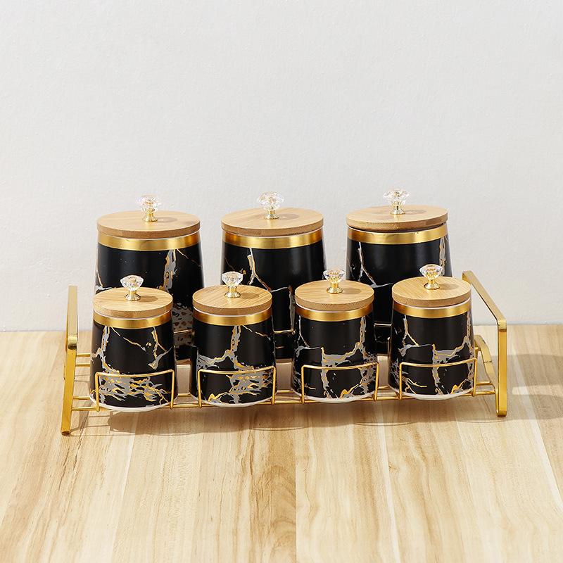 Ceramic Storage Jar 7 Piece Set Airtight Jar with Wooden Lid Storage Tank Food Storage Box Tea Caddy Spice Jars Kitchen Storage