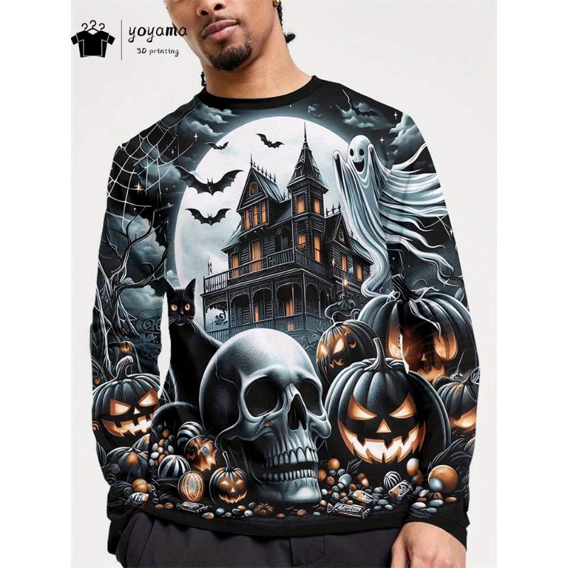 Męska koszulka z nadrukiem na Halloween, męska koszulka z długim rękawem i okrągłym dekoltem, odzież męska, męskie koszulki z grafiką na Halloween, codzienna odzież męska, topy