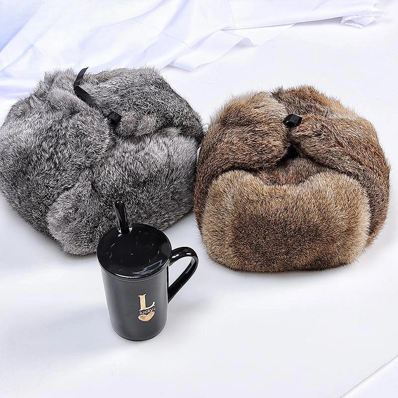 Rabbit Fur Cap Man Winter Genuine Fur Bomber Hat Windproof Warm Earmuffs Male Flat Grey/Black Russian Winter Rabbit Fur Hat