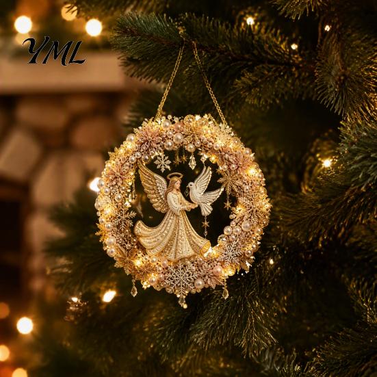 Holiday Gift for Friends 2Pcs Pearl Diamond Christmas Ornament Set, 2D Acrylic Glitter Hanging Tree Pendants Decor with Ribbon, Festive Pendant Party