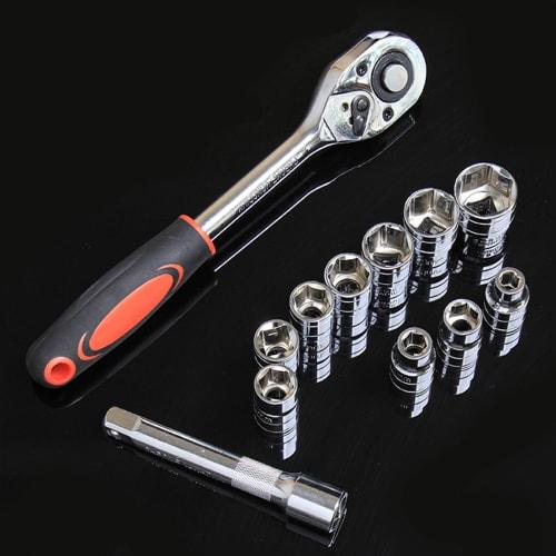 akindou Socket Wrench Set with 10 6.35mm 1/4" Hex Sockets, Ratchet Handle, and 100mm Extension Bar