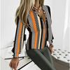 Plus Size Women V Neck Lantern Long Sleeve Top Color Block Print Slim Fit Casual Blouse