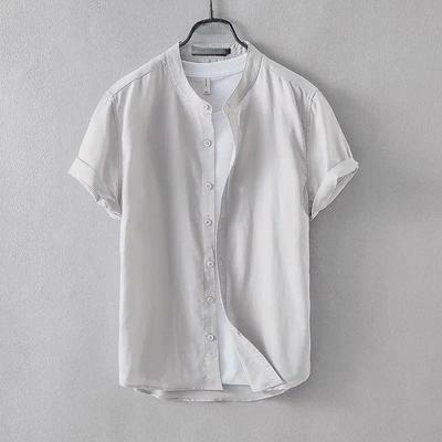 Camisa de Lino para Hombre con Cuello Mao - Manga Corta, Corte Holgado, Tendencia Casual de Verano