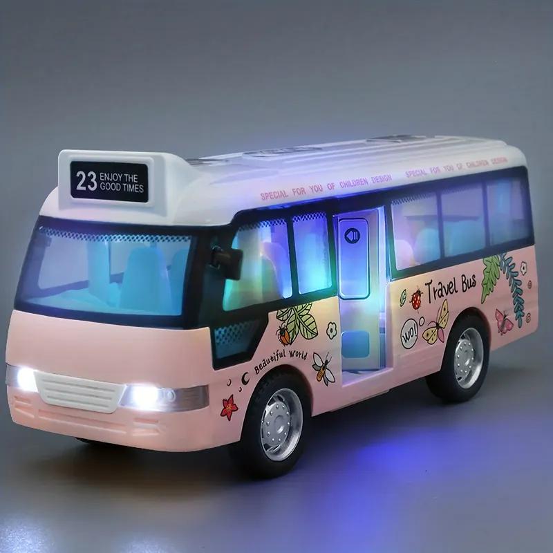 Mini Car Model Friction Powered Cars School Bus Toys Plastic City Bus With Sound And Light Miniature Vehicle Models