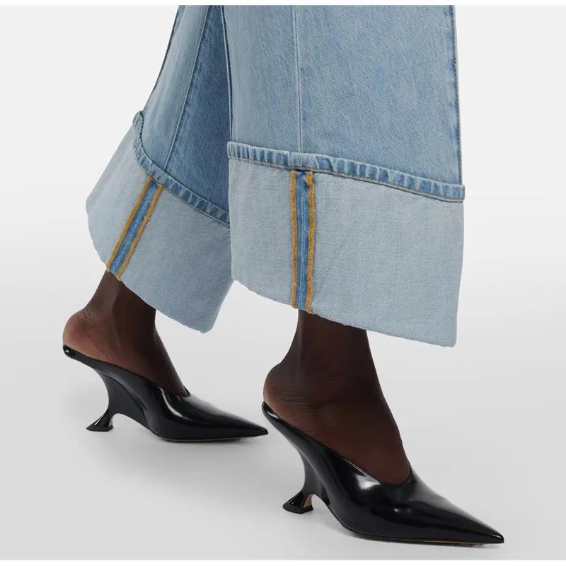 2025 New Design Fashion Platform Wedges High Heels Mule Women Slippers Concise Shallow Pointed Toe Party Dress Ladies Shoes