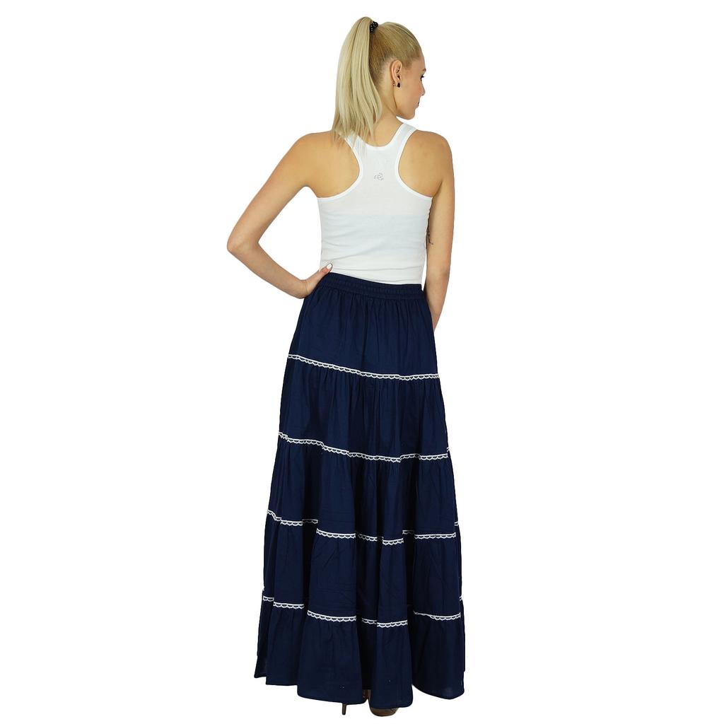 Bimba Damen Langer ausgestellter Baumwollrock Boho Maxi Unterteil Elastische Taille
