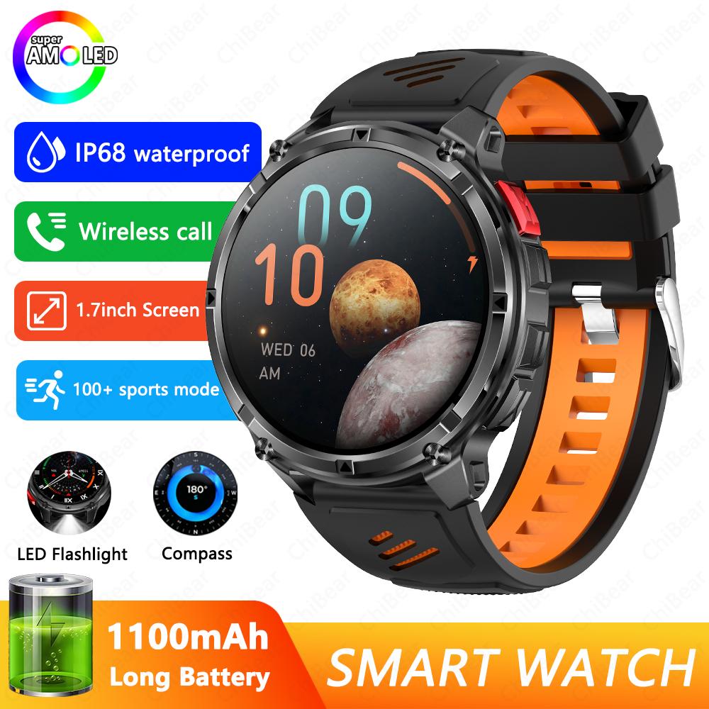 Militärische 1100mAh Super-Große Batterie Herren Kompass Smartwatch 1,7-Zoll AMOLED Bluetooth-Anruf IP68 Wasserdicht Sport Smartwatch