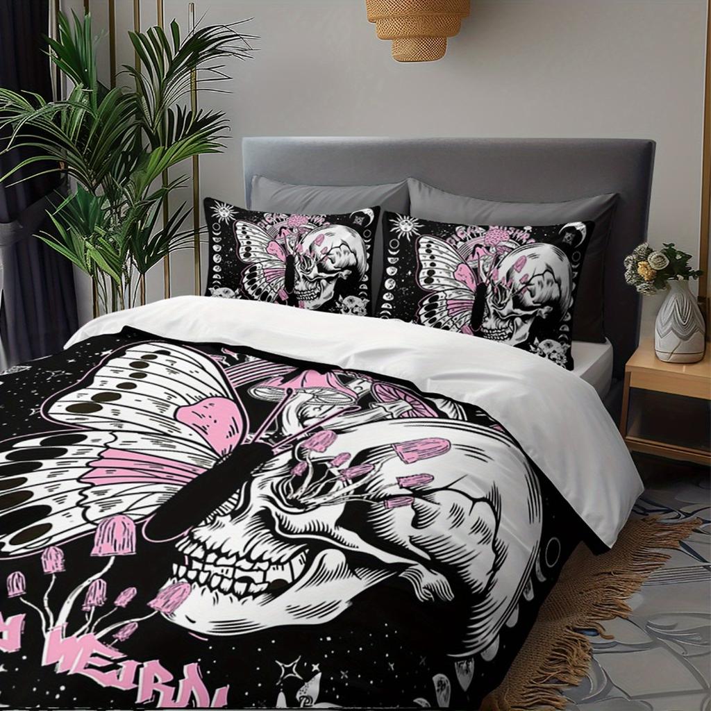 Skeleton Butterful 3D Printed Bedding Set Halloween Gothic Style Polyester Comfortable King Queen Twin Size For Birthday Gifts