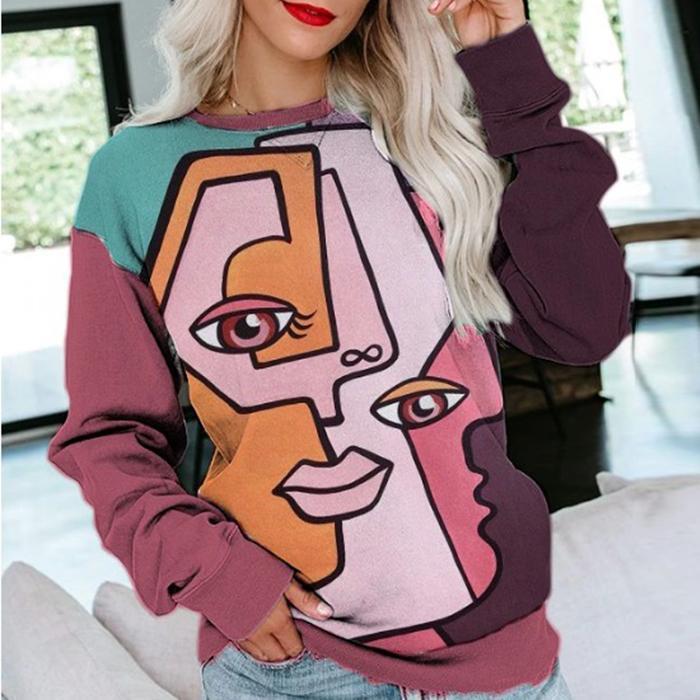 Round Neck 3D Gradient Color Printed Top Fashionable Casual Long Sleeved Women's T-shirts