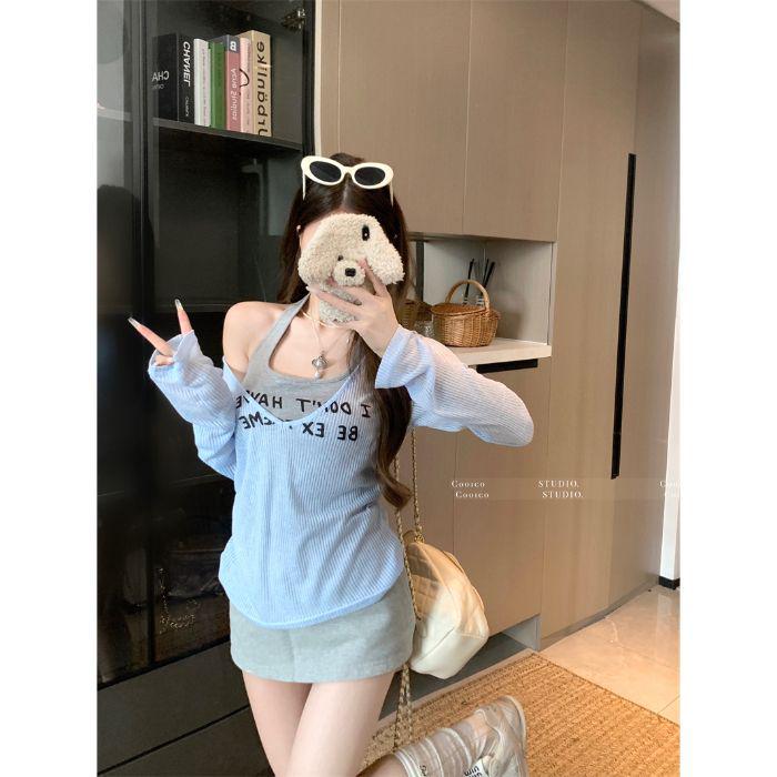

Korean Style Letter Print Two-Piece Summer Vest & T-Shirt Set - Girly Casual Sun Protection Top Medium