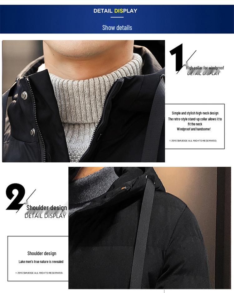 Herren Winterjacke mit Kapuze im koreanischen Stil aus Baumwolle - Dick, Mittellang, Trendige Oberbekleidung