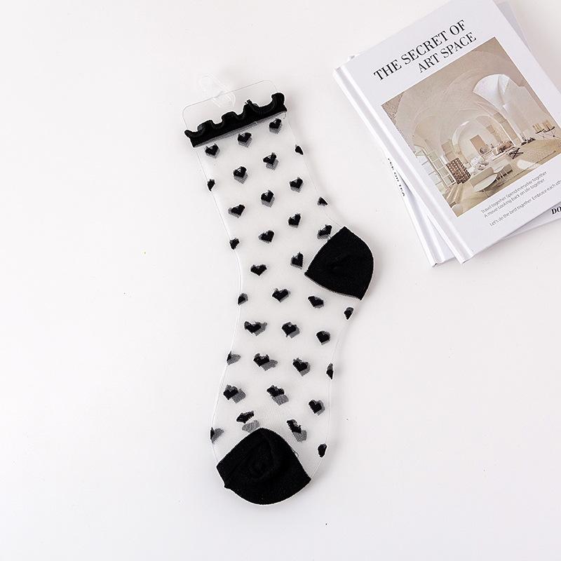 1 Pair Women's Lolita Summer Thin Crystal Glass Socks French Lace Ruffled Knee High Heart Stripes Sheer Mesh Socks for Girls