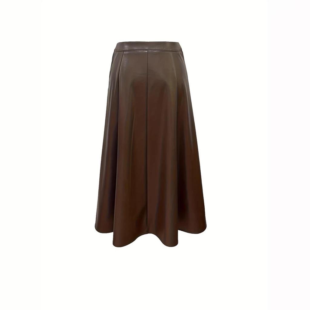 Miu Style Brown A-Line Leather Skirt - Women's Slim Fit for Autumn/Winter