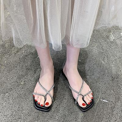 Flache Schuhe Sommer Neu Eckige Zehenpartie Zehensteg Kristall Schmaler Riemen Rutschfest Abriebfest Übergröße Römische Schuhe