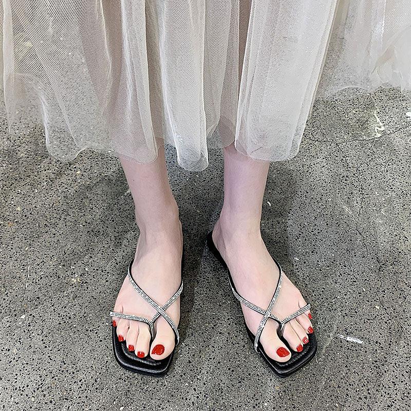 

Fashion Flat Shoes Summer New Square Toe Clip-Toe Crystal Slim Strap Anti-Slip Wear-Resistant Plus Size Roman Shoes 40 чёрный